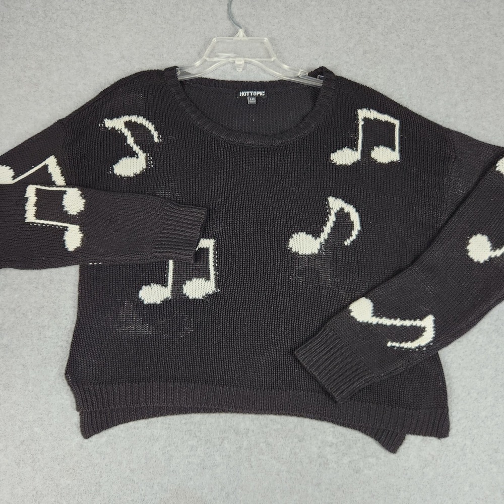 Hot Topic Sweater Women Large Black Music Note Pullover Knit Relaxed Fit Alt Emo